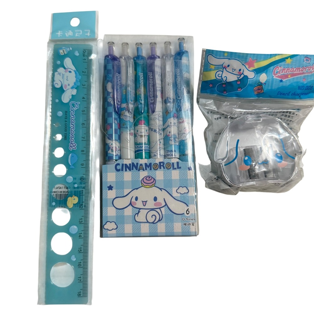 Cinnamoroll Sanrio 6pc 0.5mm Retractable Gel Pen Set Sharpener Ruler Bundle NEW